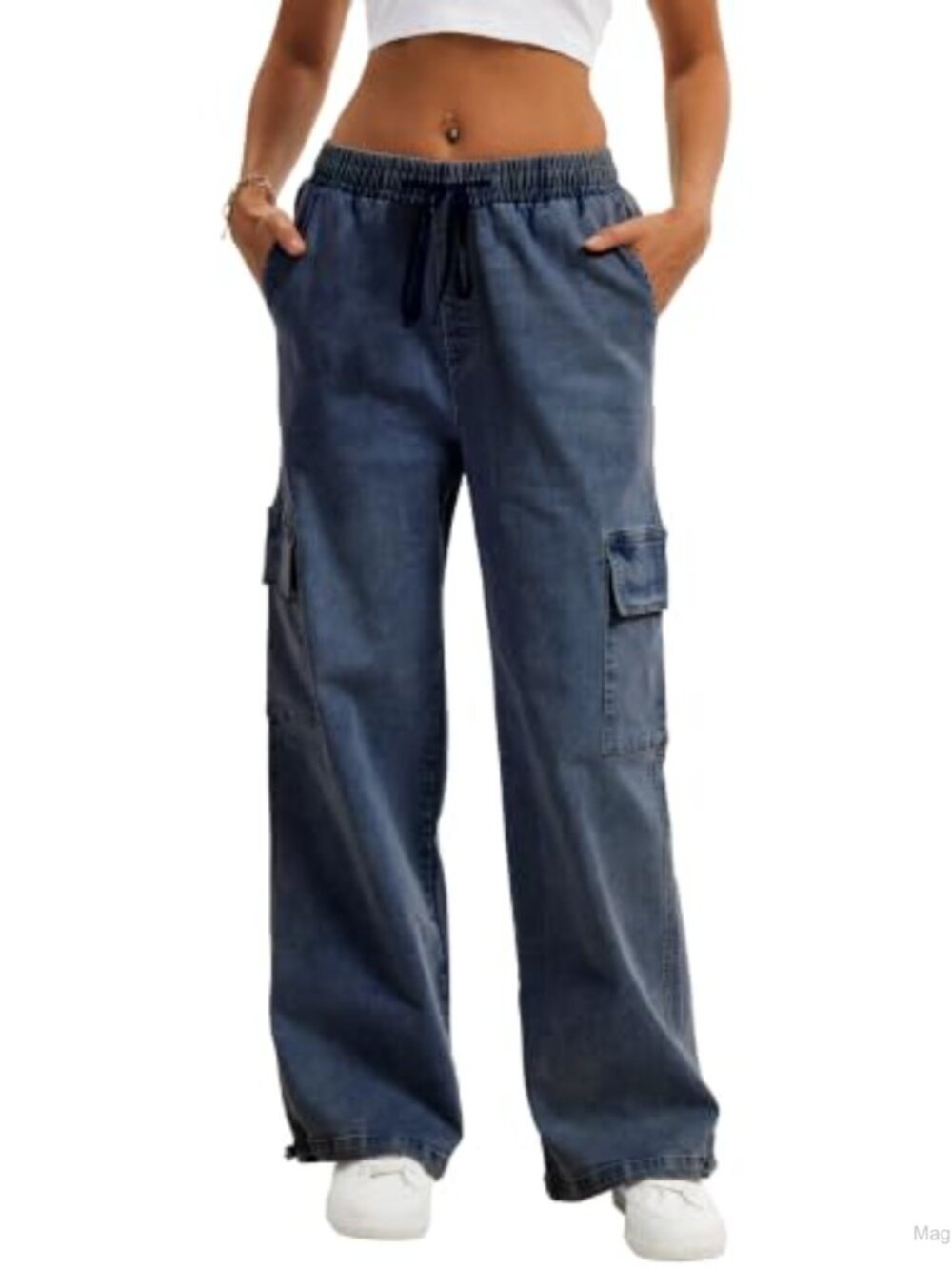 Women's High Waisted Cargo Jeans Pull On Wide Leg Stretch Pants